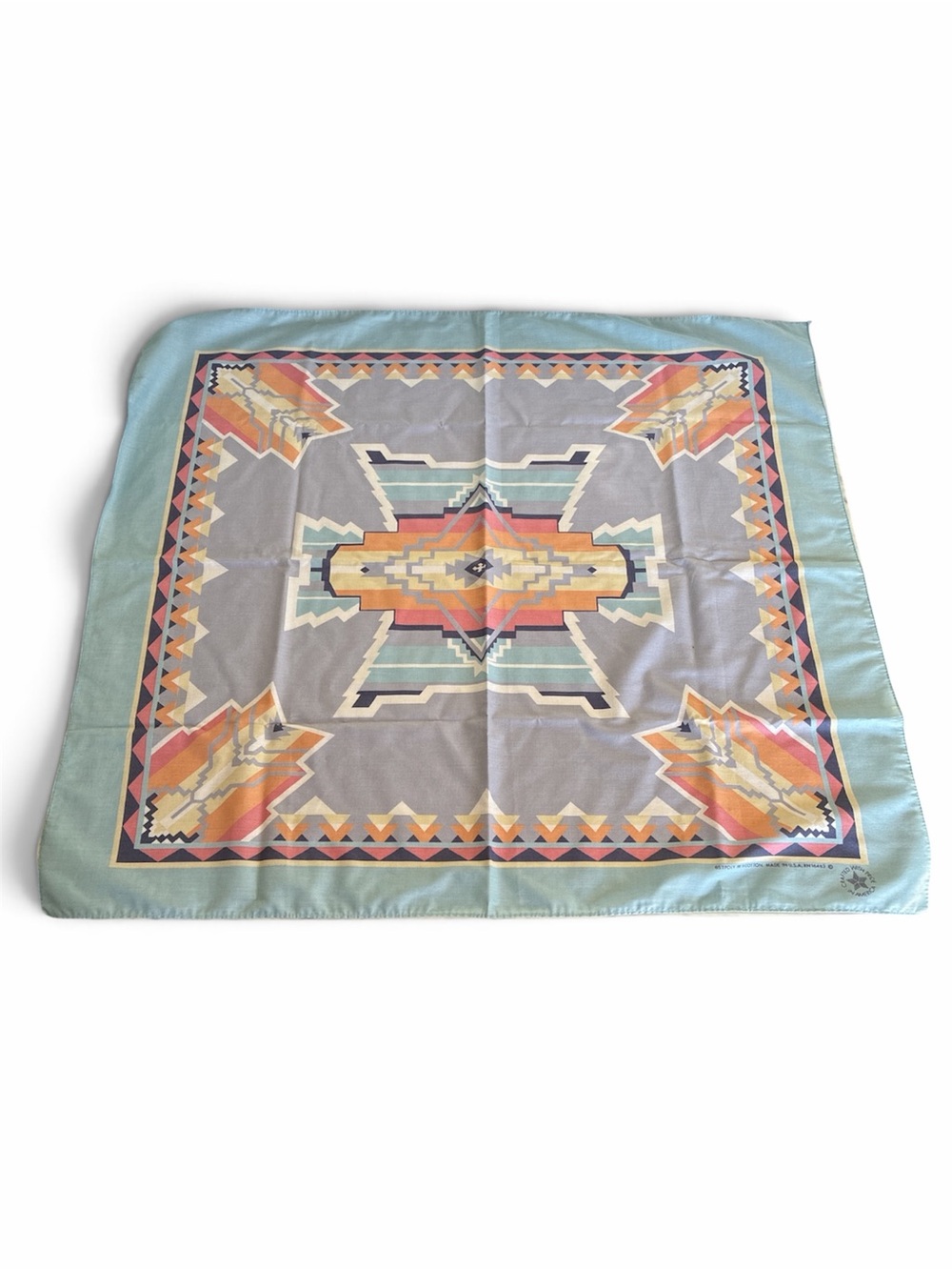 Vintage Southwestern-Style Scarf in Aqua, Gray, Coral and Yellow